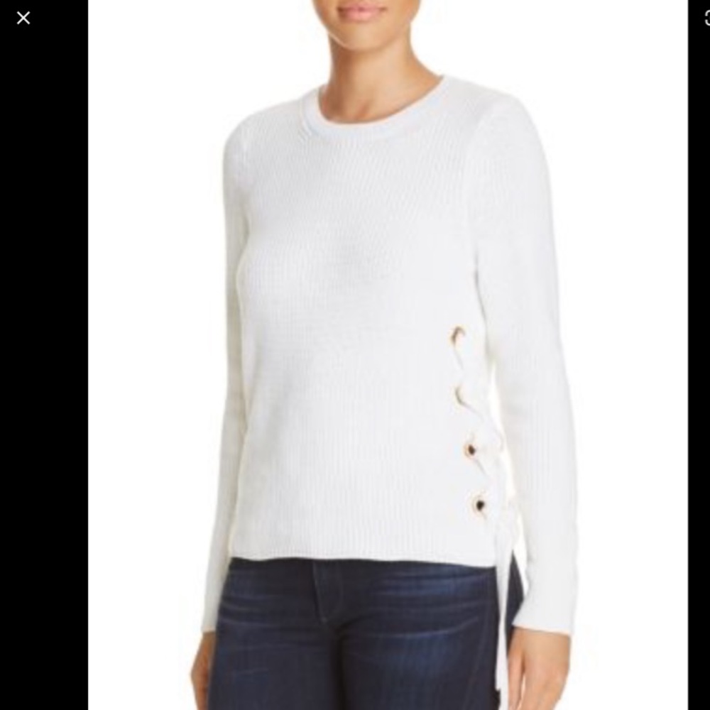 Michael Kors White Ribbed Sweater With Gold Tie Detail Medium